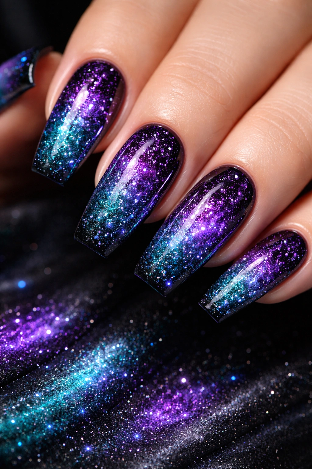 Nails with turquoise and purple galaxy glitter on a deep base