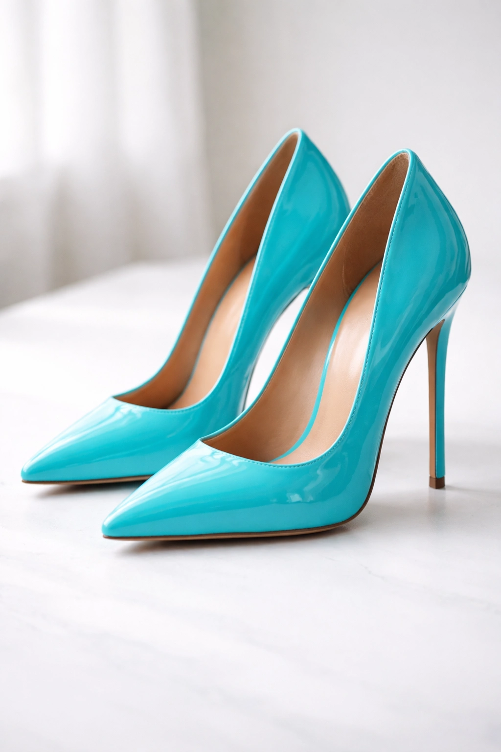 Close-up of vivid turquoise stilettos on white studio surface, glossy and sharp