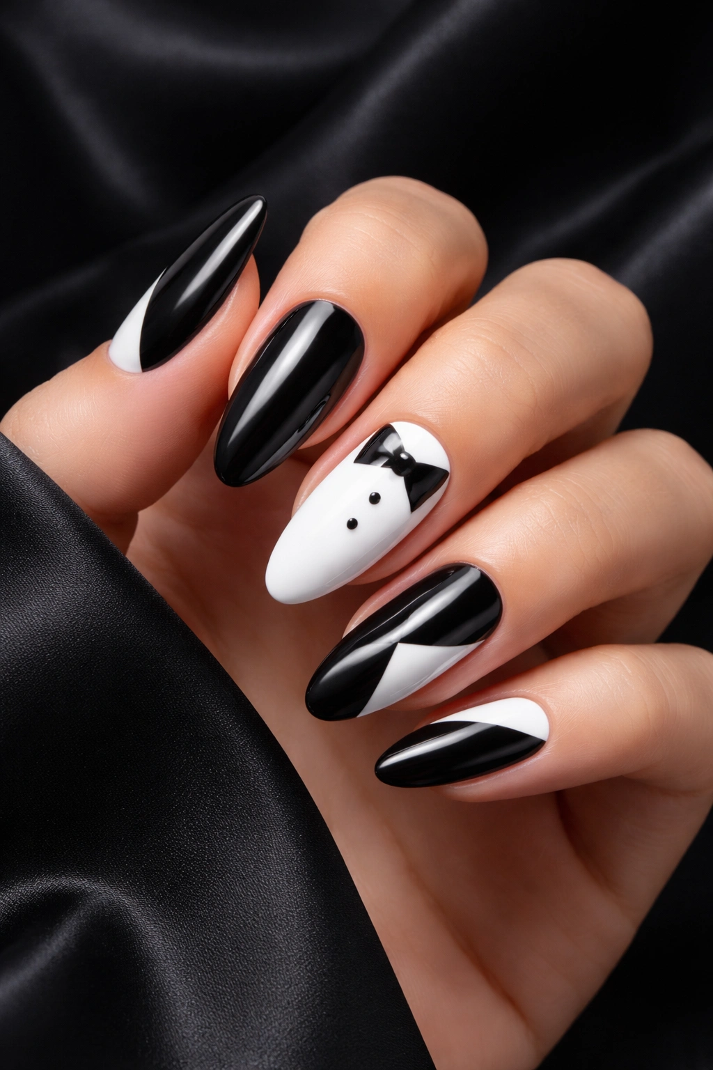 Close-up of hand with Tuxedo Nails black and white designs
