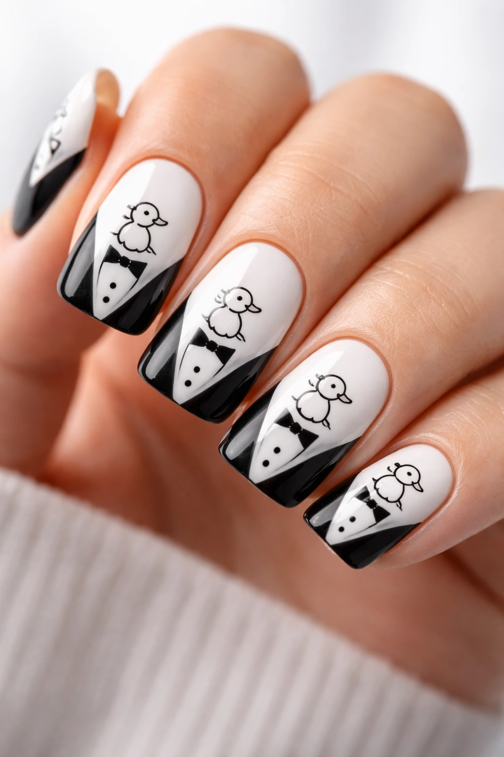 Close-up of classic tuxedo duck nail design showing white nails with black tuxedo jacket and tiny black-line duck.