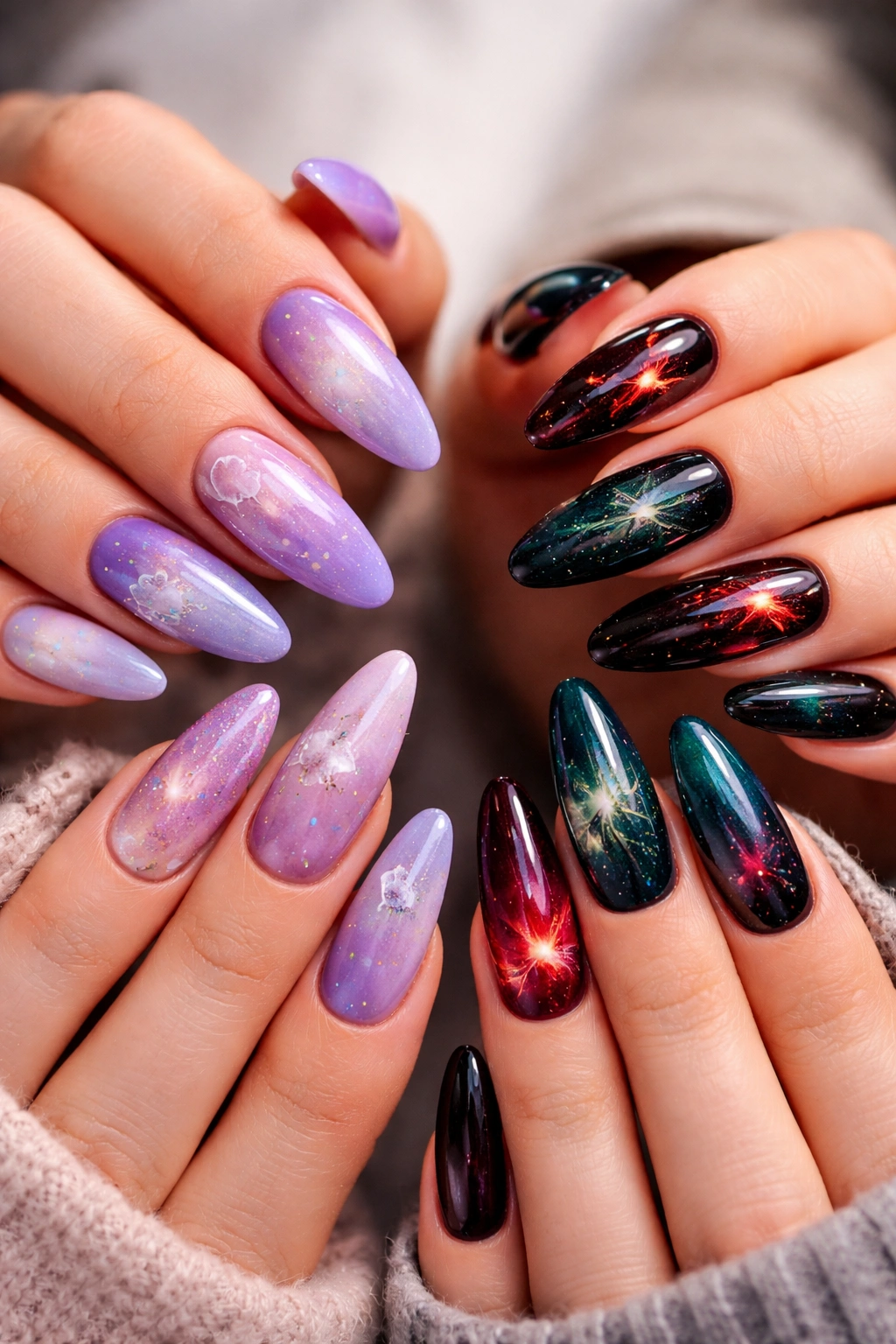 Close-up of nails inspired by a TV show color palette and mood
