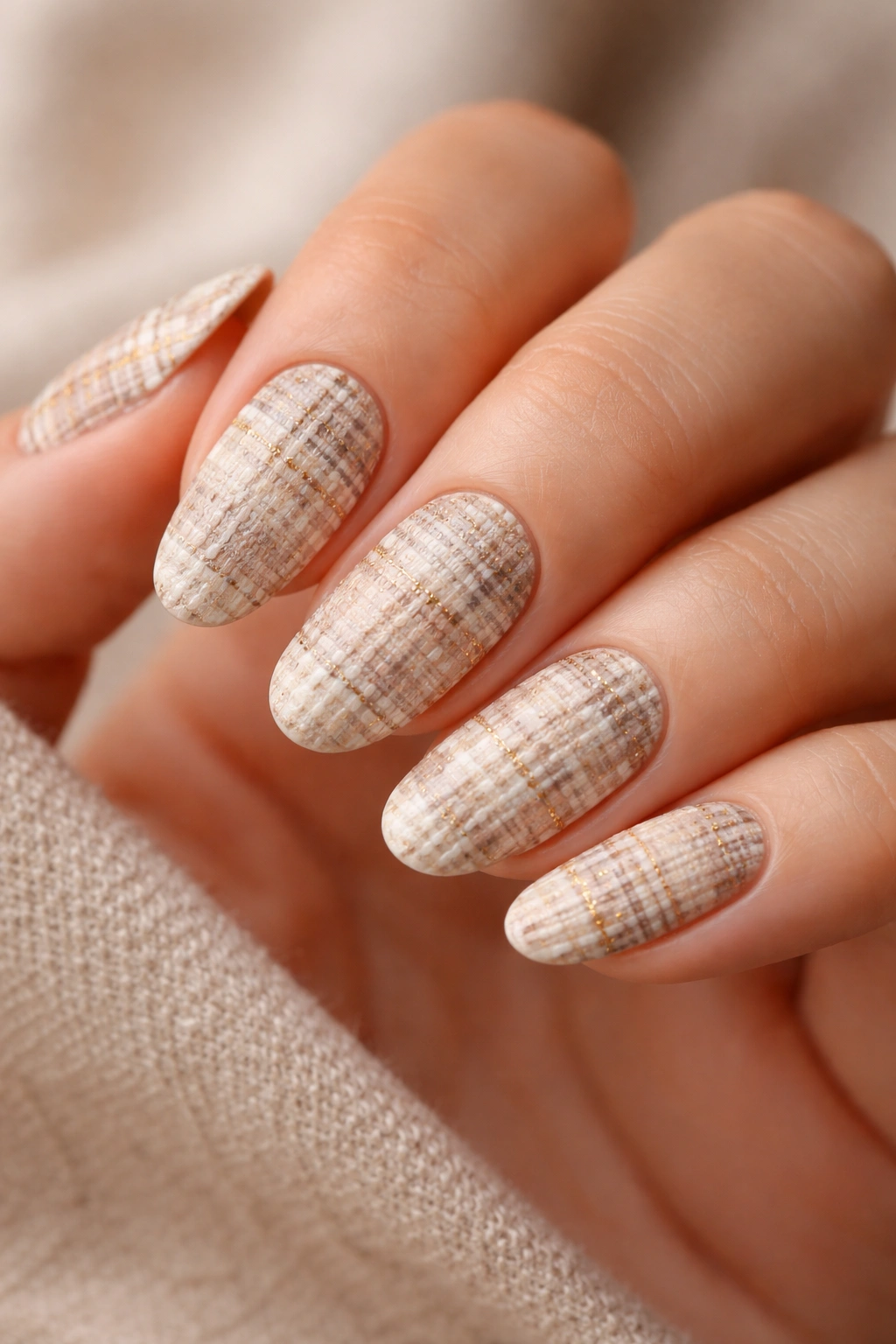 Close-up of hands showing nails with woven tweed-inspired texture in neutral tones