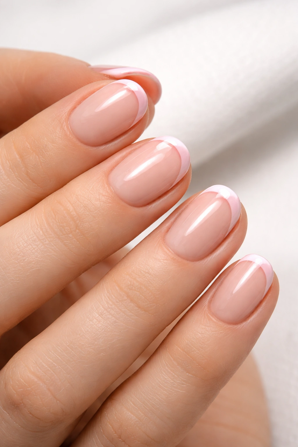 Close-up of short nails with a neutral base and colored twist tip.