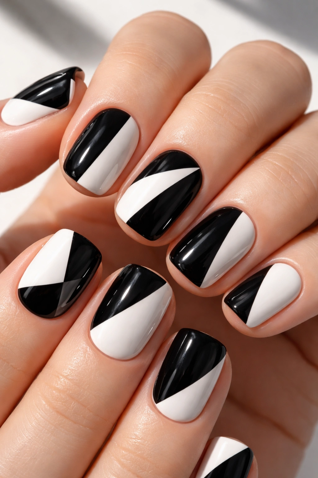 Close-up of short squoval nails with black and white two-tone abstract designs