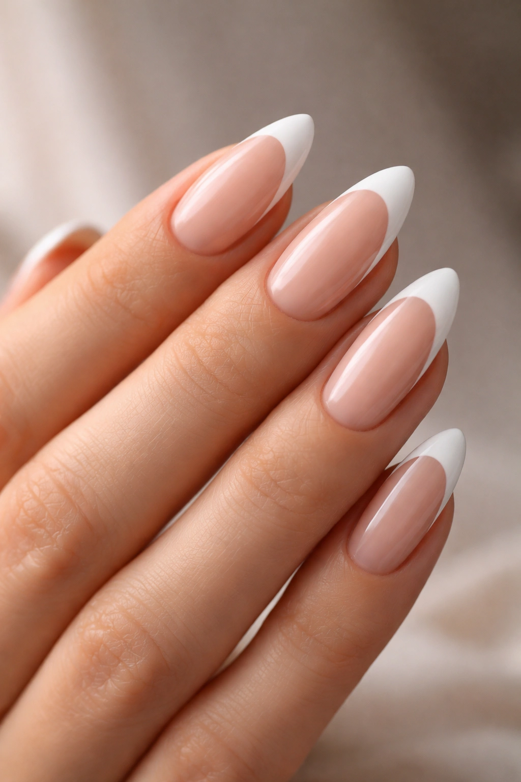 Close-up of almond-shaped two-tone nails with nude base and white tips