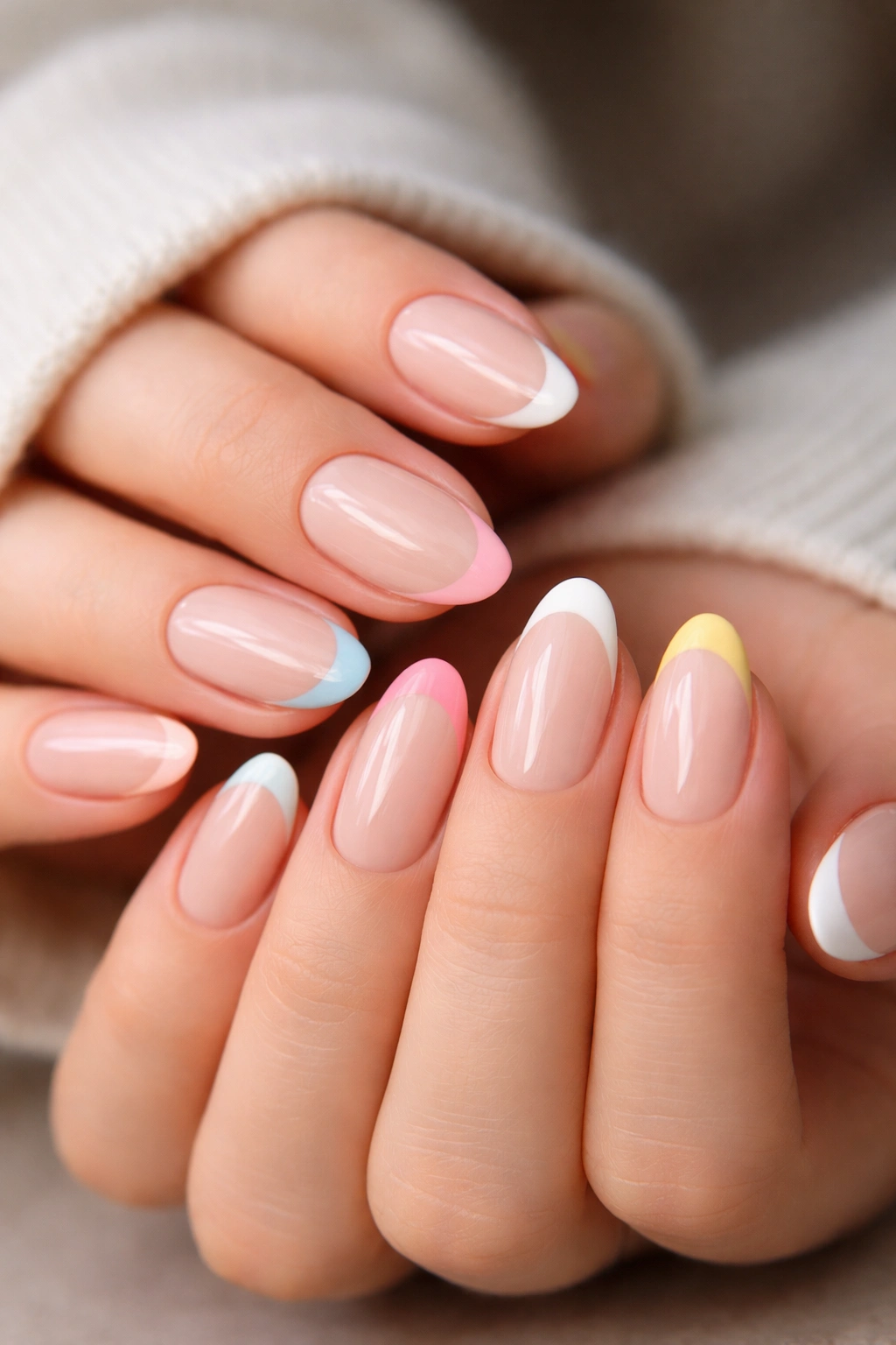 Close-up of short almond nails with nude base and colored tips