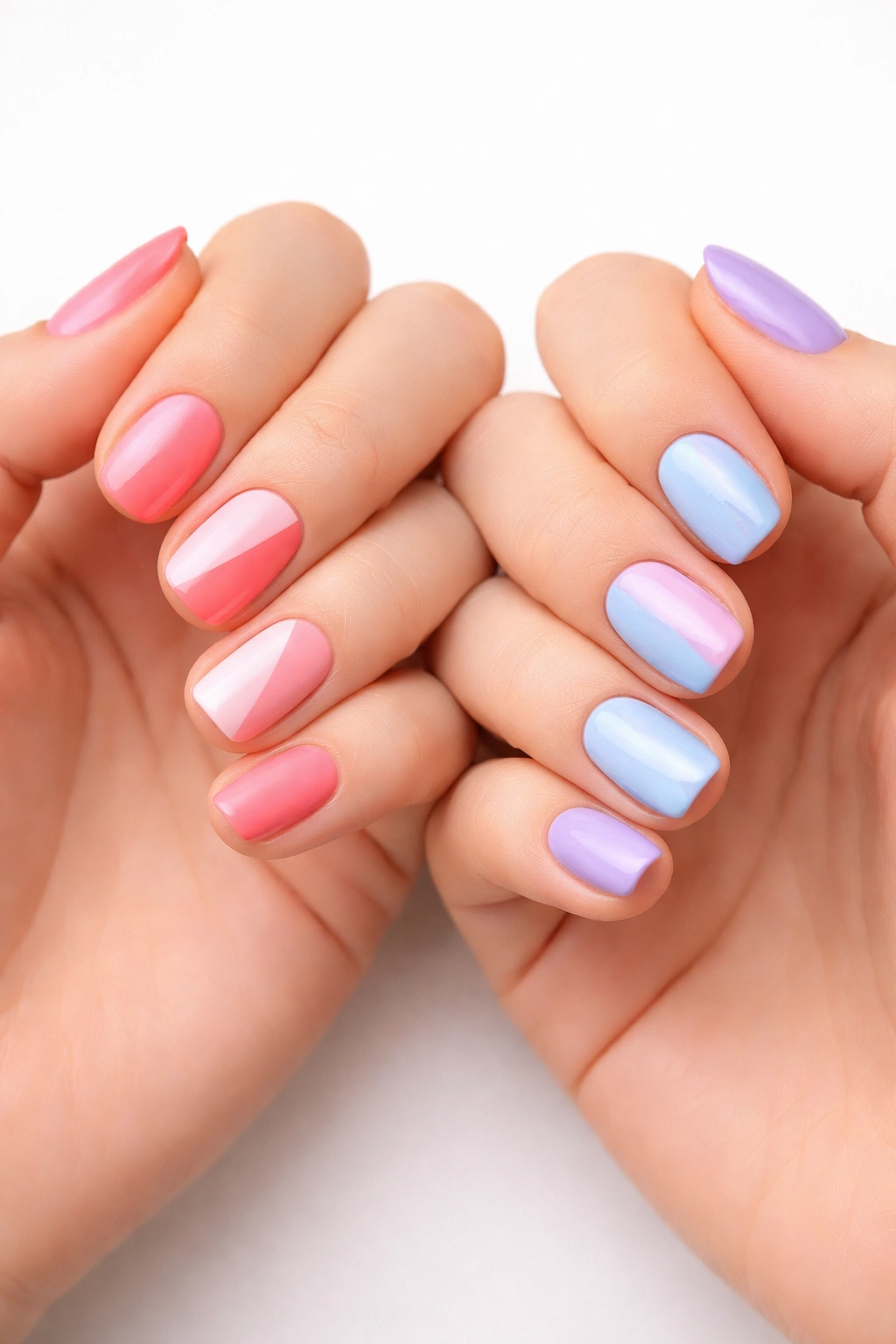 Close-up of two-tone color block nails on short nails.