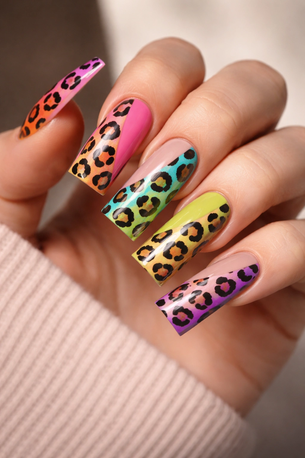 Close-up of two-tone cheetah print on duck nails on a hand