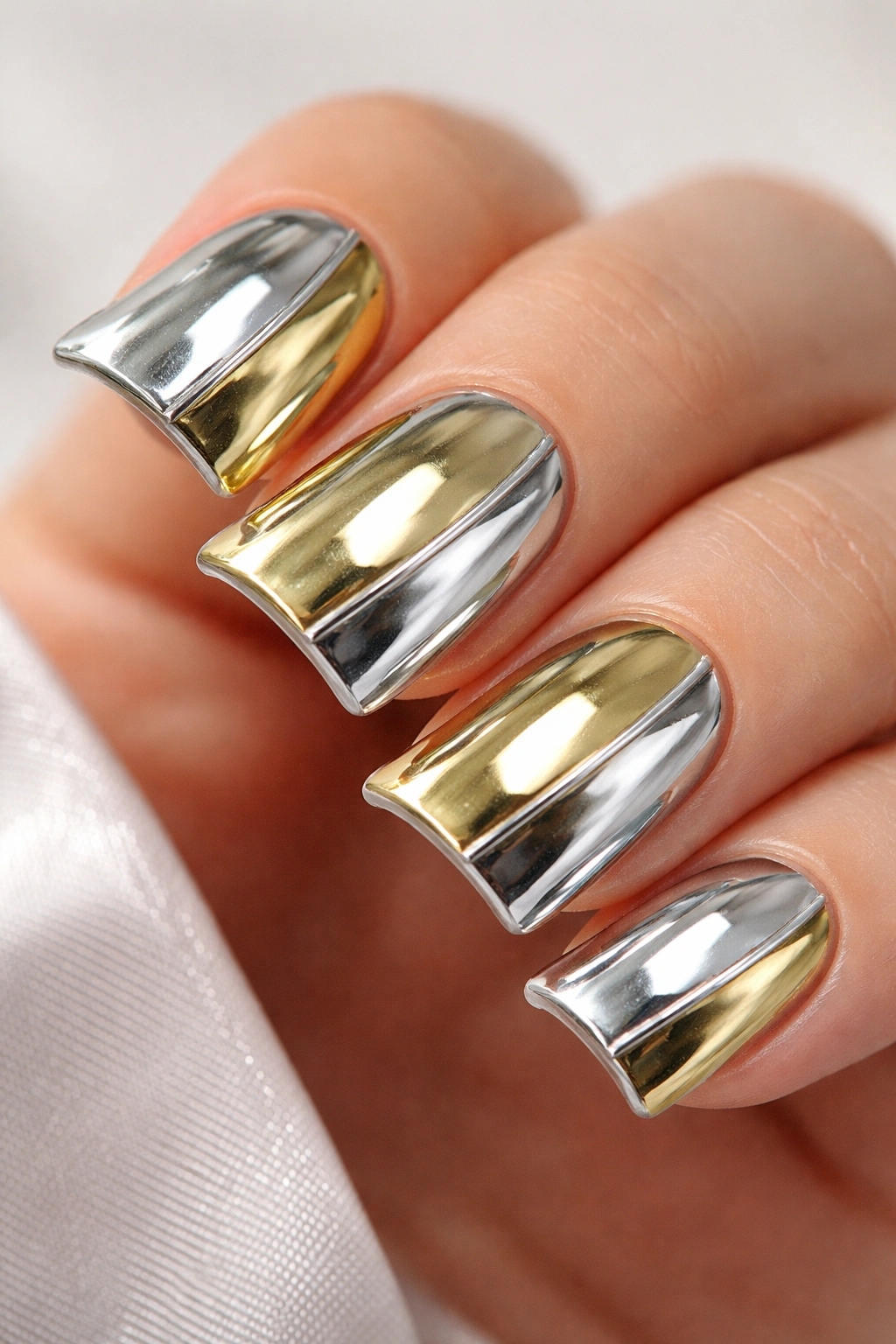 Close-up of short nails with two-tone chrome split design