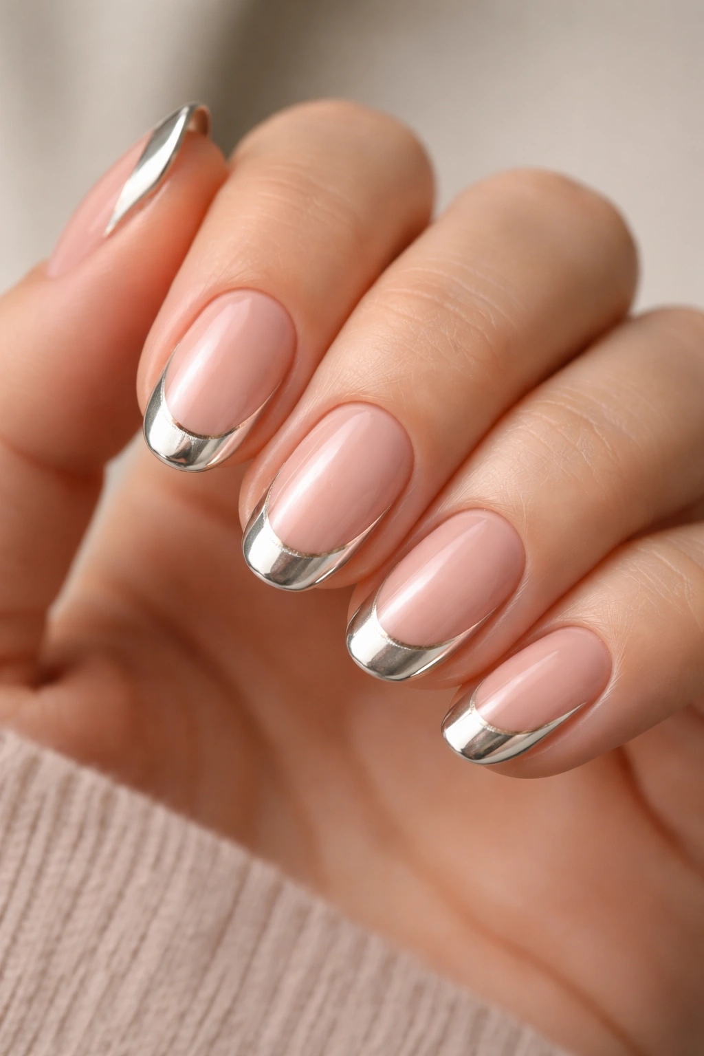 Close-up of short oval nails with two-tone chrome French tips on pale base