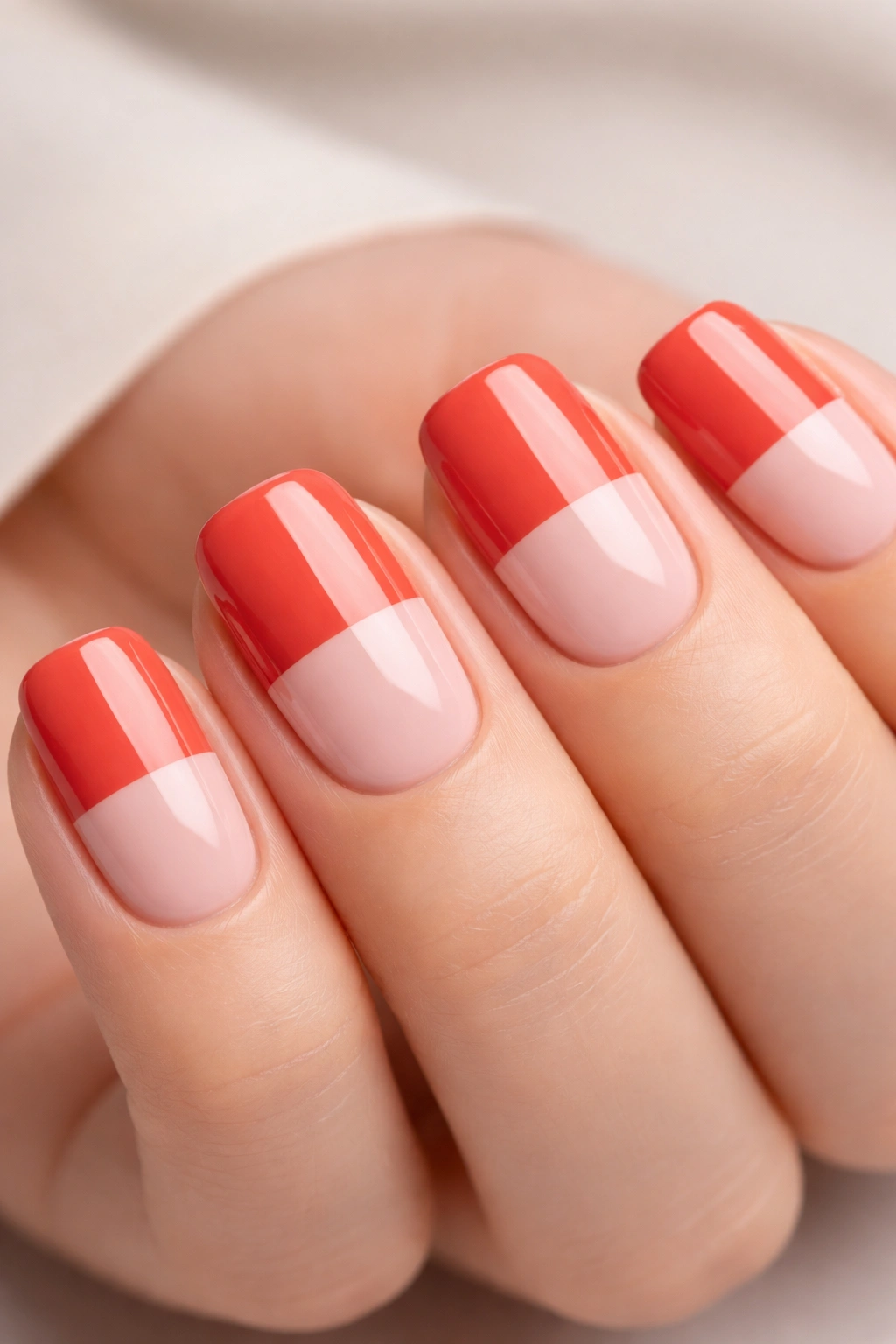 Close-up of two-tone color block nails with distinct color halves