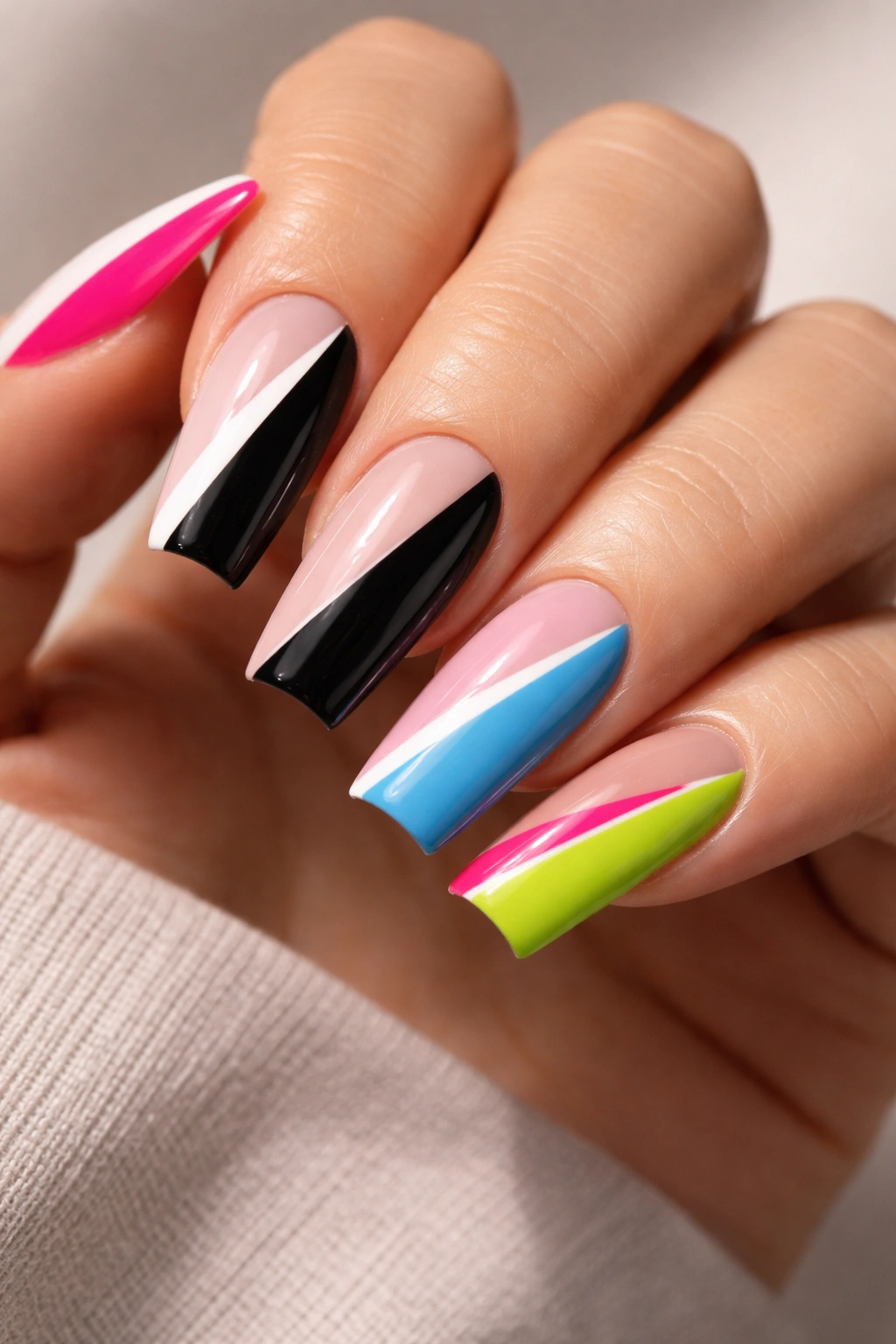Reverse duck nails with two-tone color blocking and sharp diagonal line