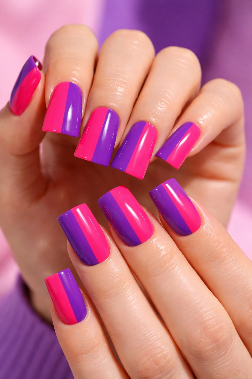Close-up of two-tone duck nails with bold color split on hands