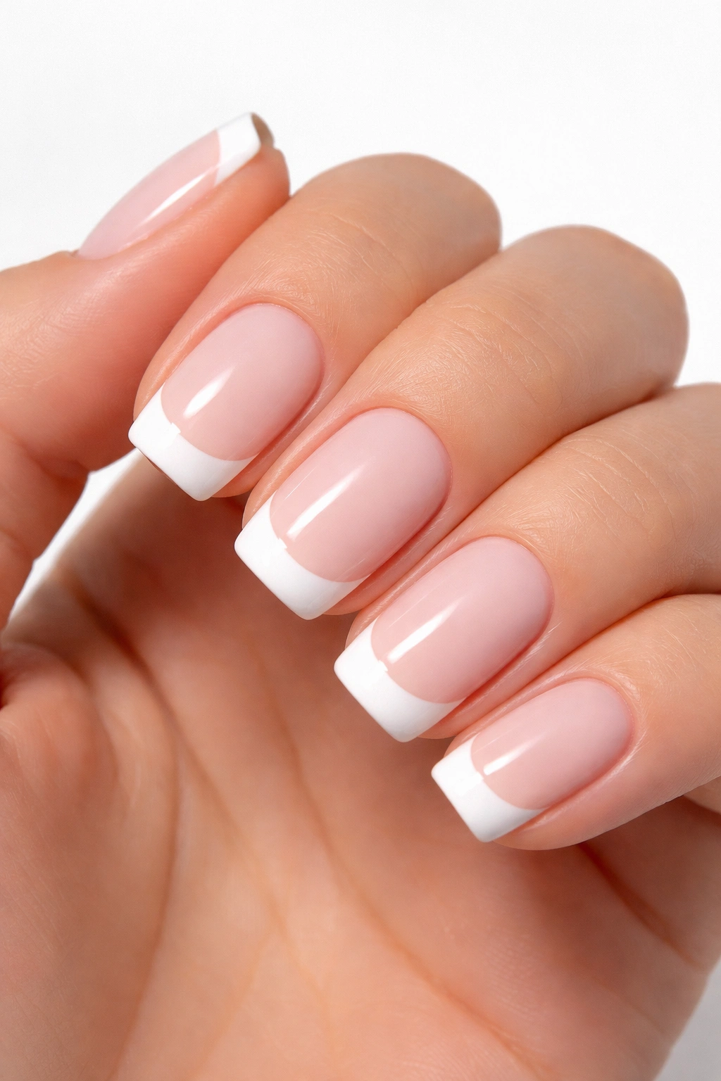 Close-up of short squoval nails with white French tip and thin accent line above