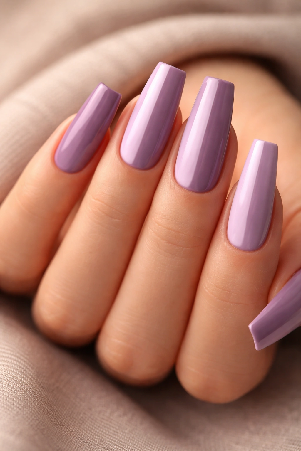 Coffin nails with vertical split between light and dark lavender halves