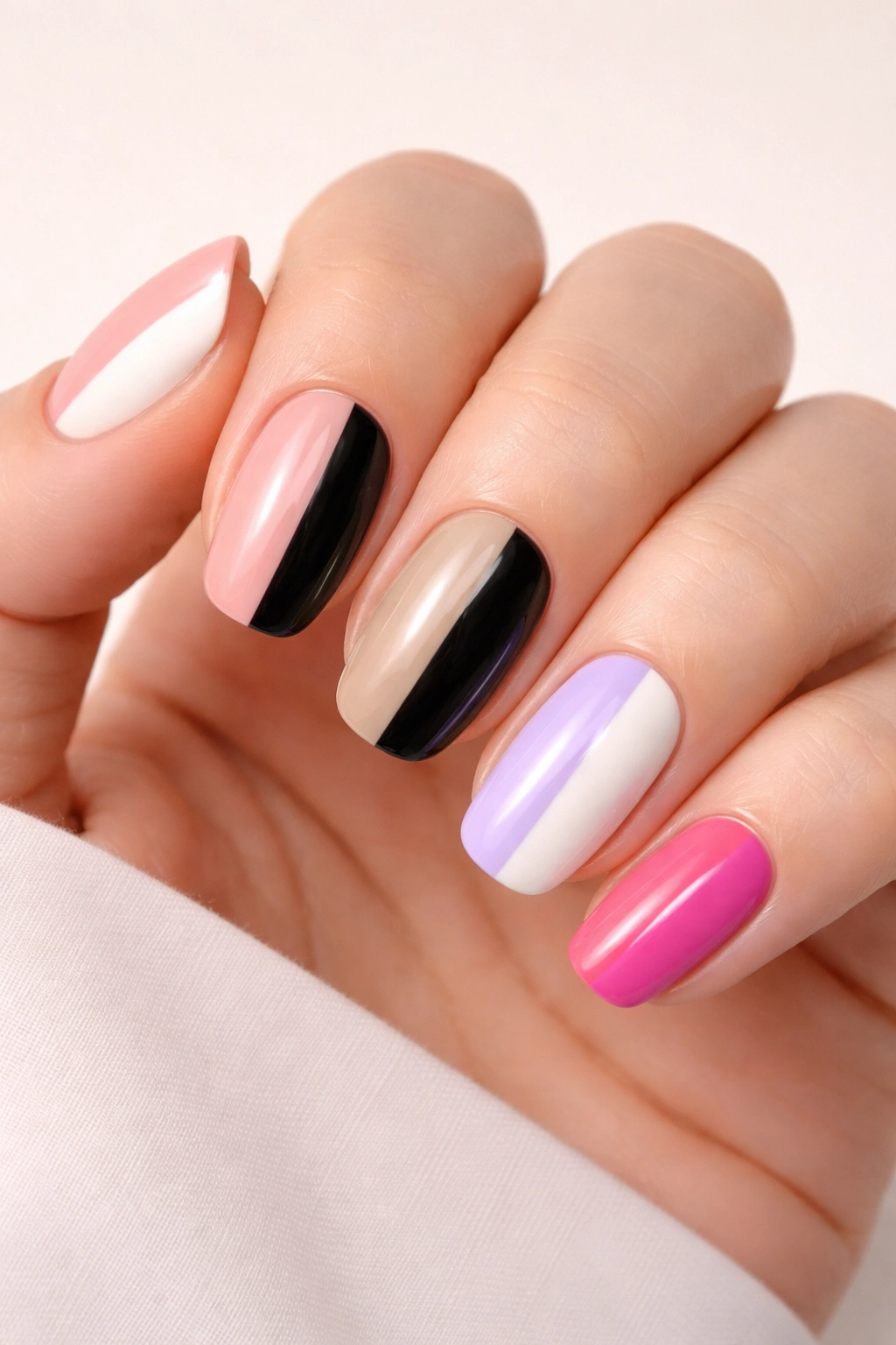 Nails with bold two-tone color blocks and crisp separation