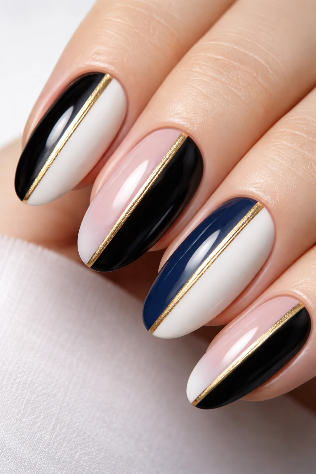 Close-up of an oval nail with two-tone tip and central stripe