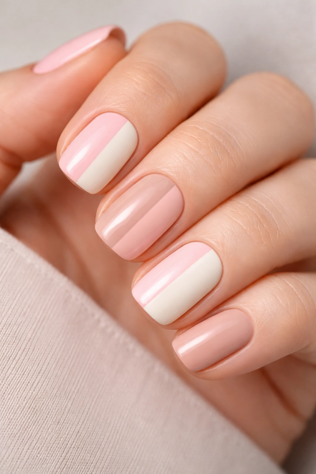 Close-up of short squoval nails with a vertical two-tone color block