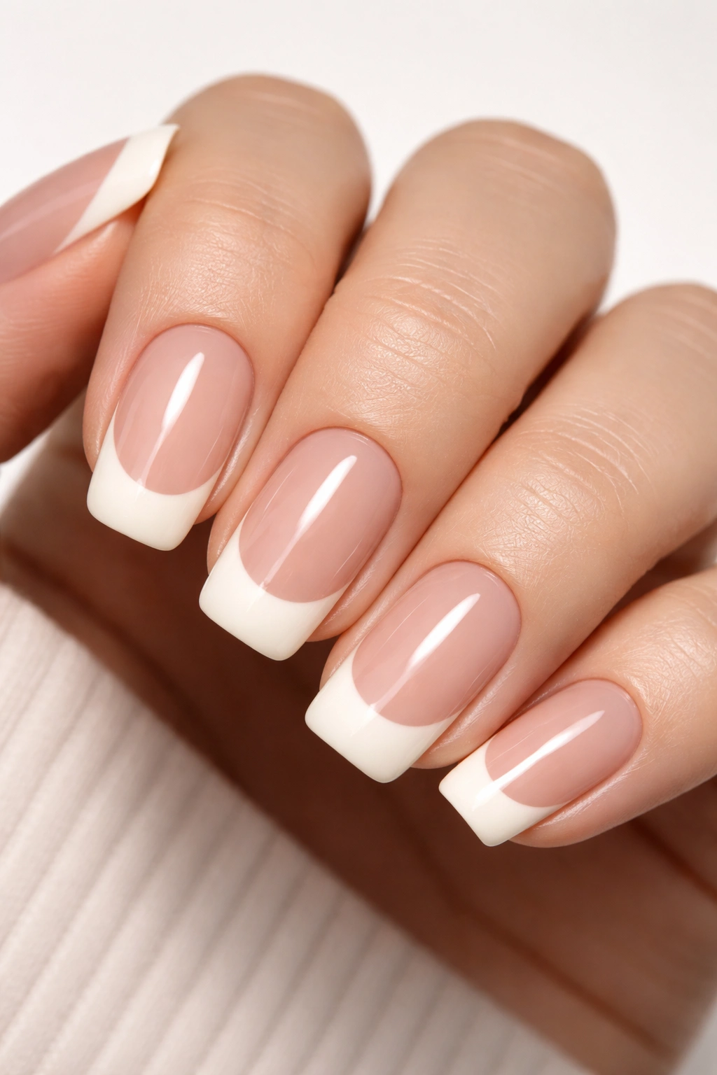 Close-up of short squoval nails showing a 70-30 two-tone nude and cream split with a clean line.