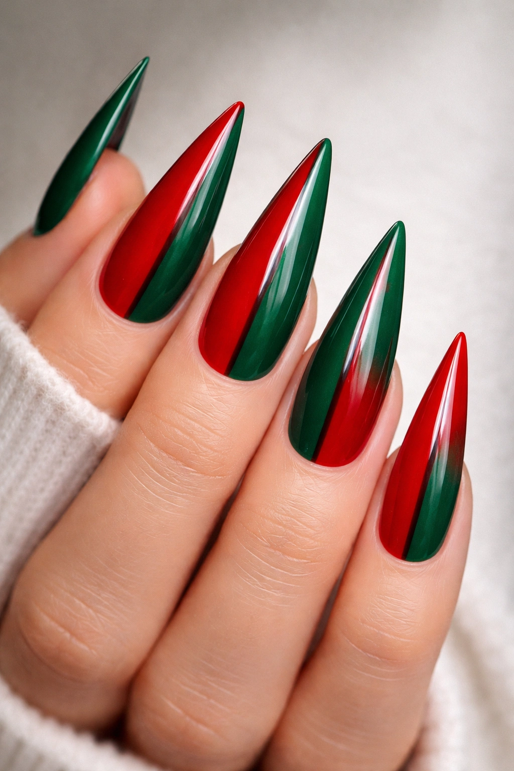 Stiletto nails with red and green split design
