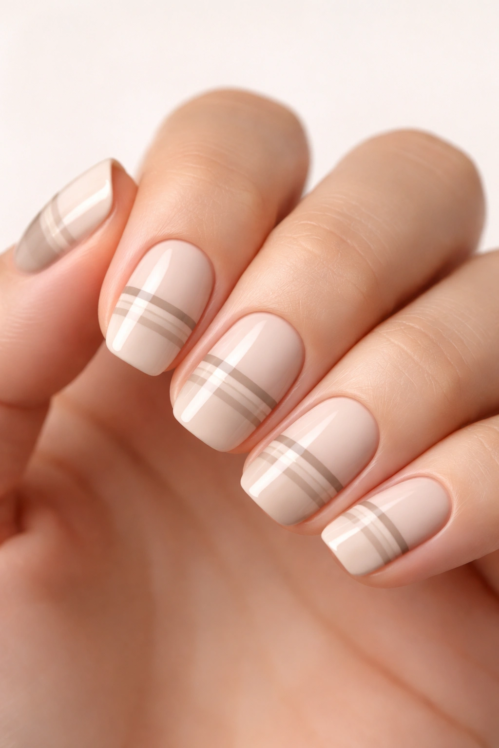 Short squoval nails with very thin horizontal two-tone stripes.