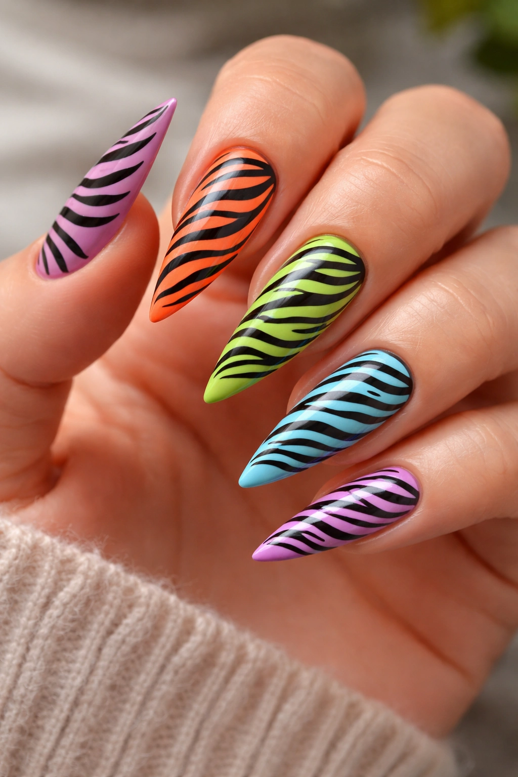 Stiletto nails with multi-color bases and zebra stripes on each nail