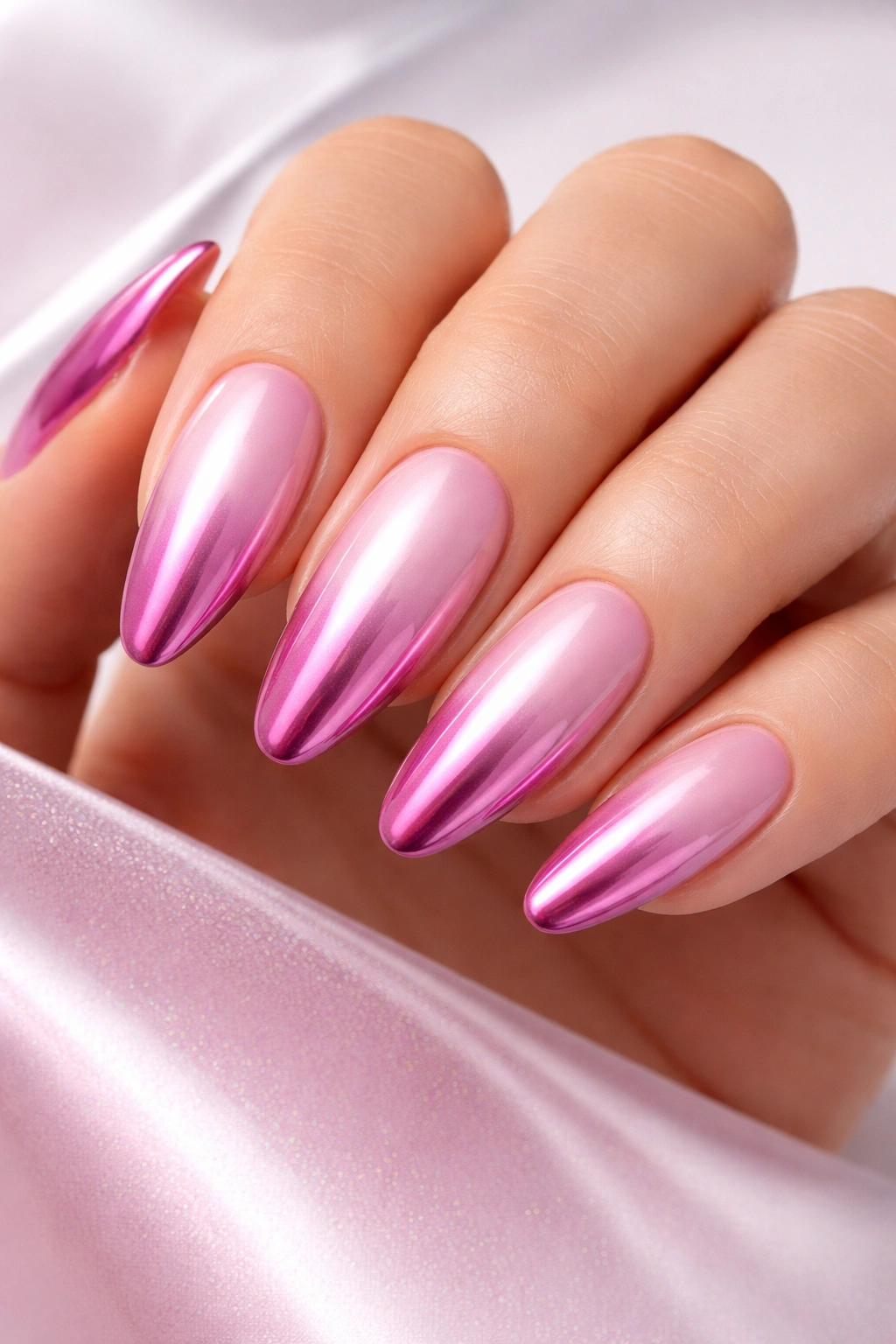 Close-up two-toned pink chrome nails pale pink and magenta