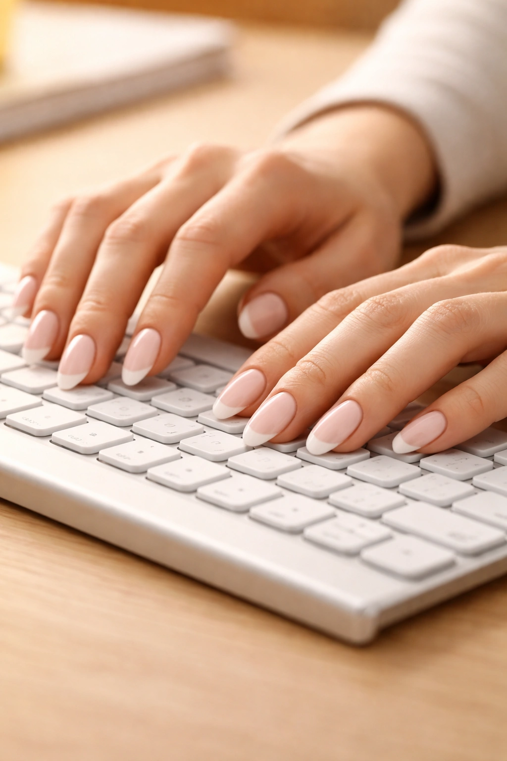 Hands typing with finger pads and flat wrists; nails visible