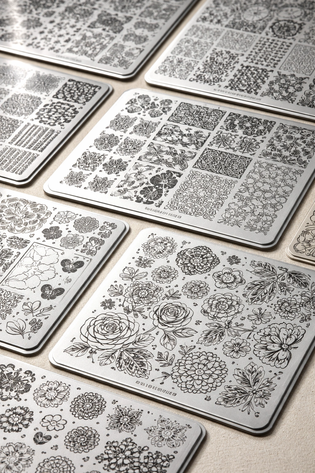 Set of UberChic stamping plates showing variety of etched patterns for different nail sizes