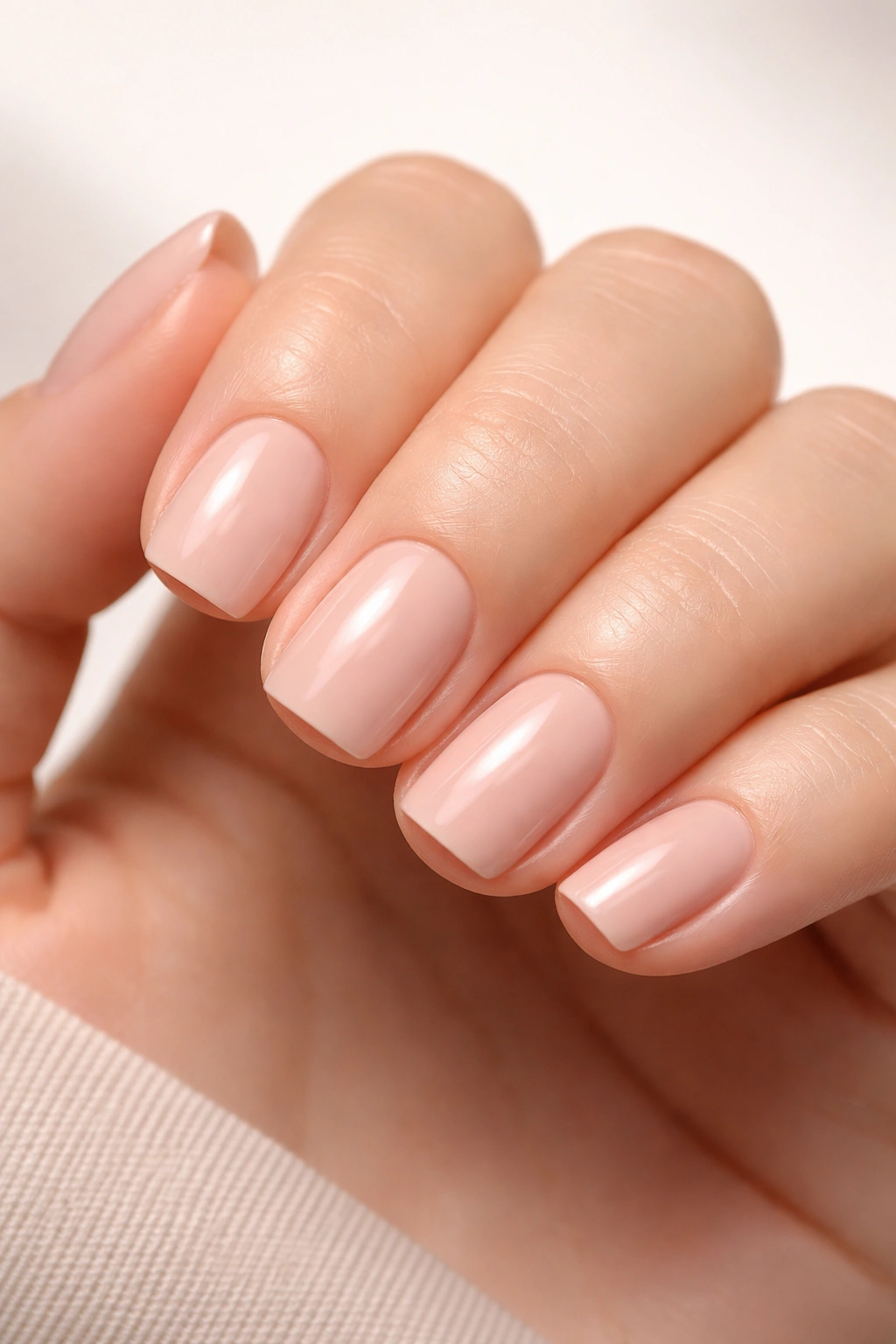 Natural nude-toned Ugly Duckling squoval press-on nails on a hand