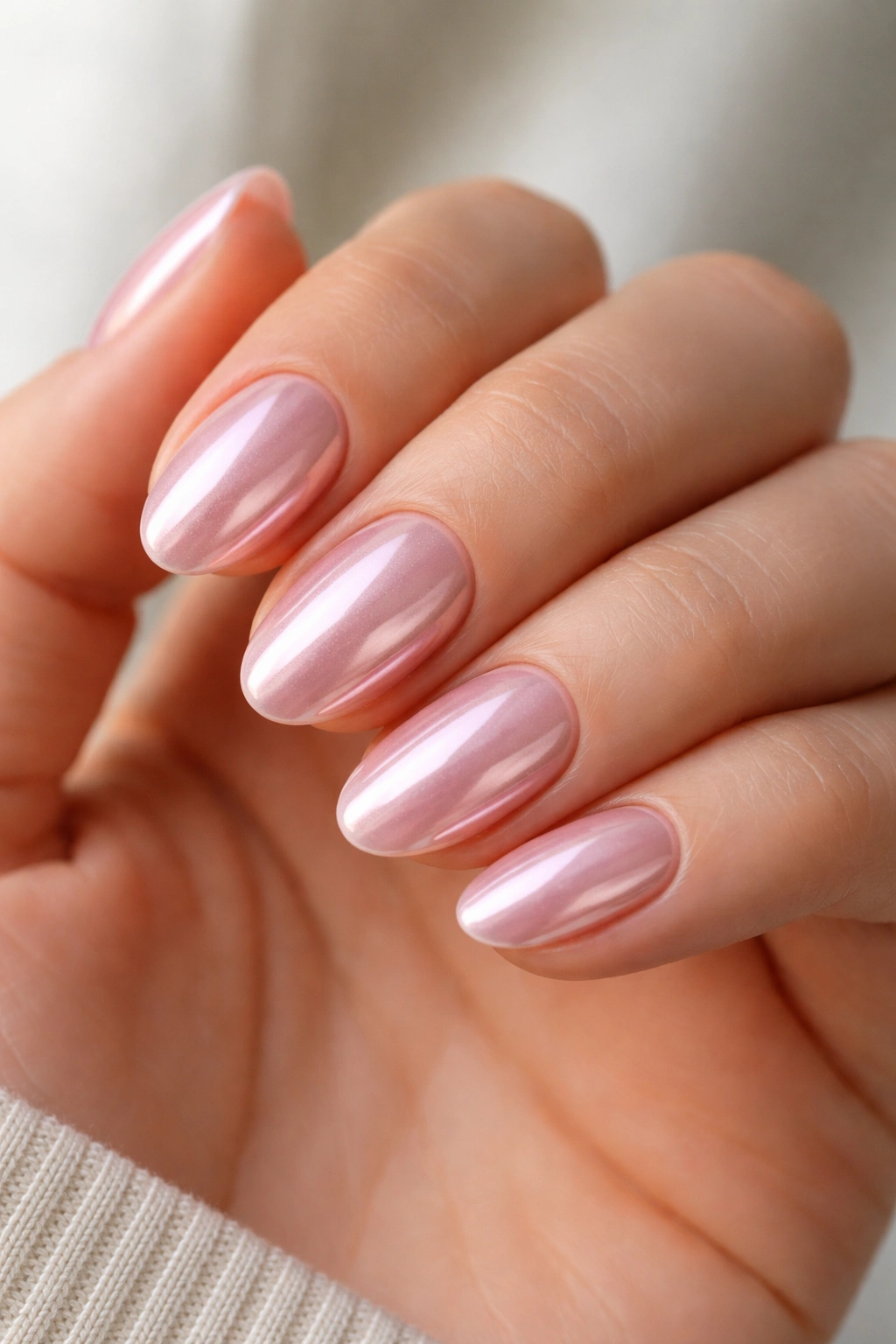 Close-up of ultra-short almond nails with pink chrome finish