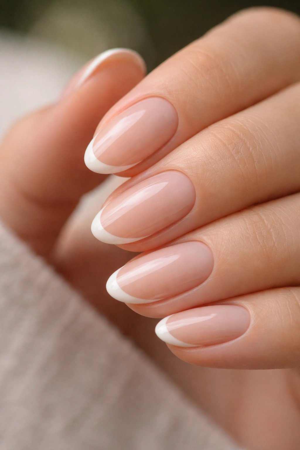 Close-up of short almond nails with a thin nude outline