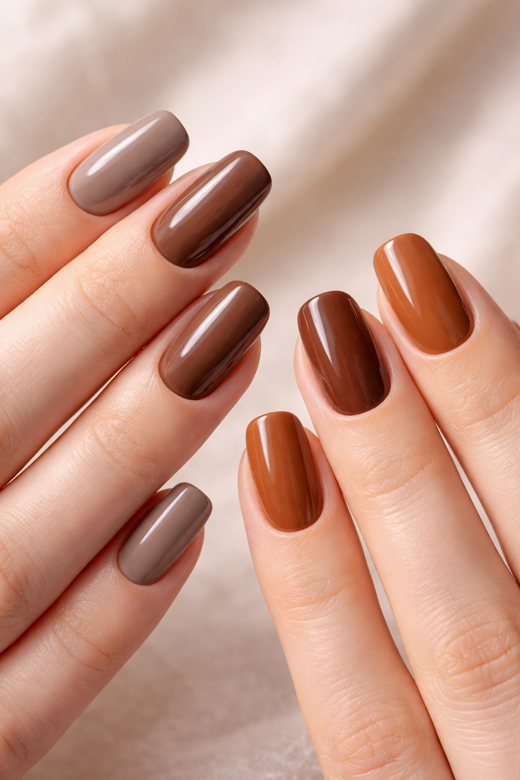 Close-up of nails painted brown to flatter undertones on pale skin