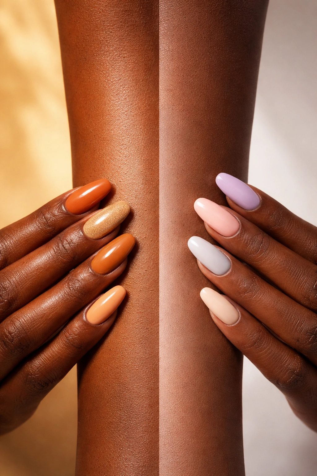 Close-up of a forearm with warm undertone skin under split lighting.