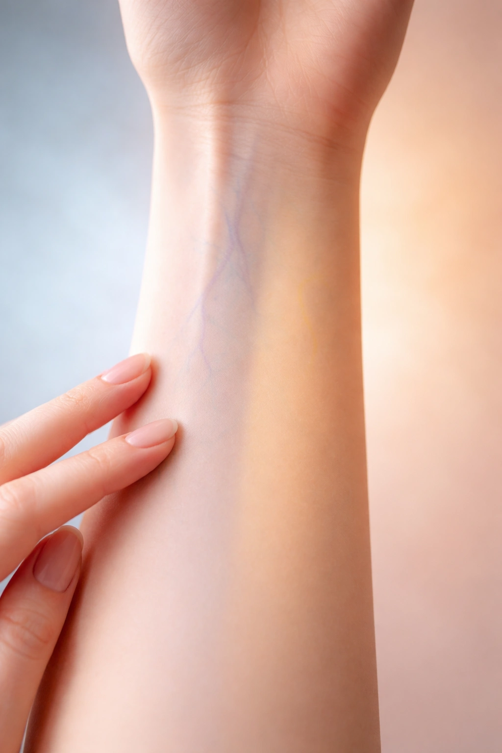 Close-up of pale forearm showing cool and warm undertone cues under studio lighting