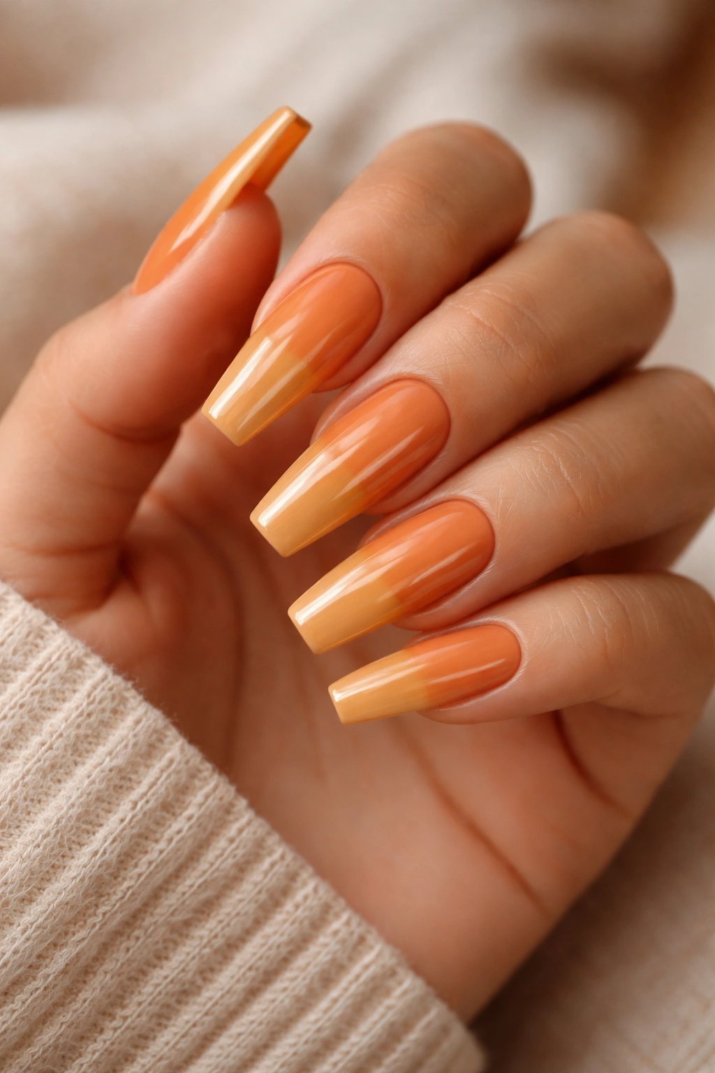 Hand with coffin nails in warm golden-orange shade, harmonizing with skin undertone