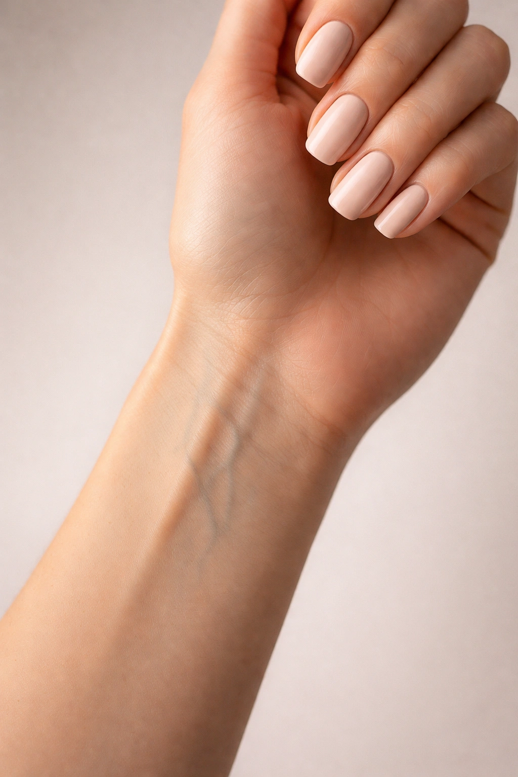 Close-up of forearm with nude nails illustrating undertone-friendly shade