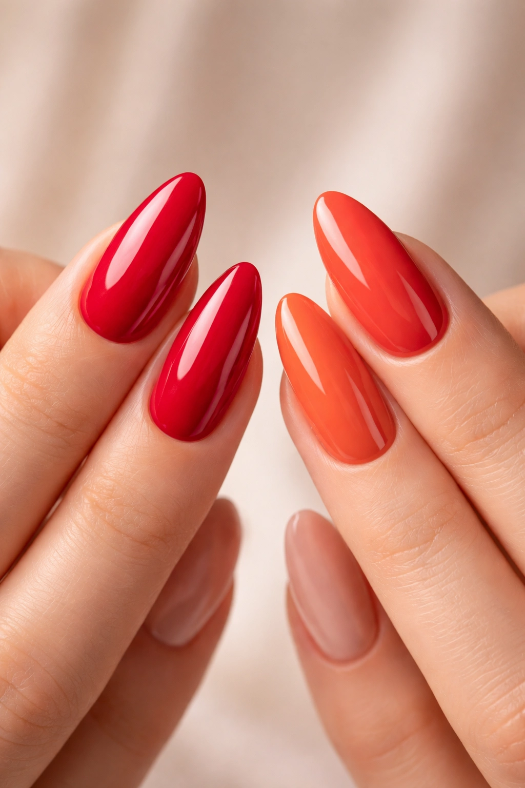 Almond nails showing cool vs warm color options for undertone guidance