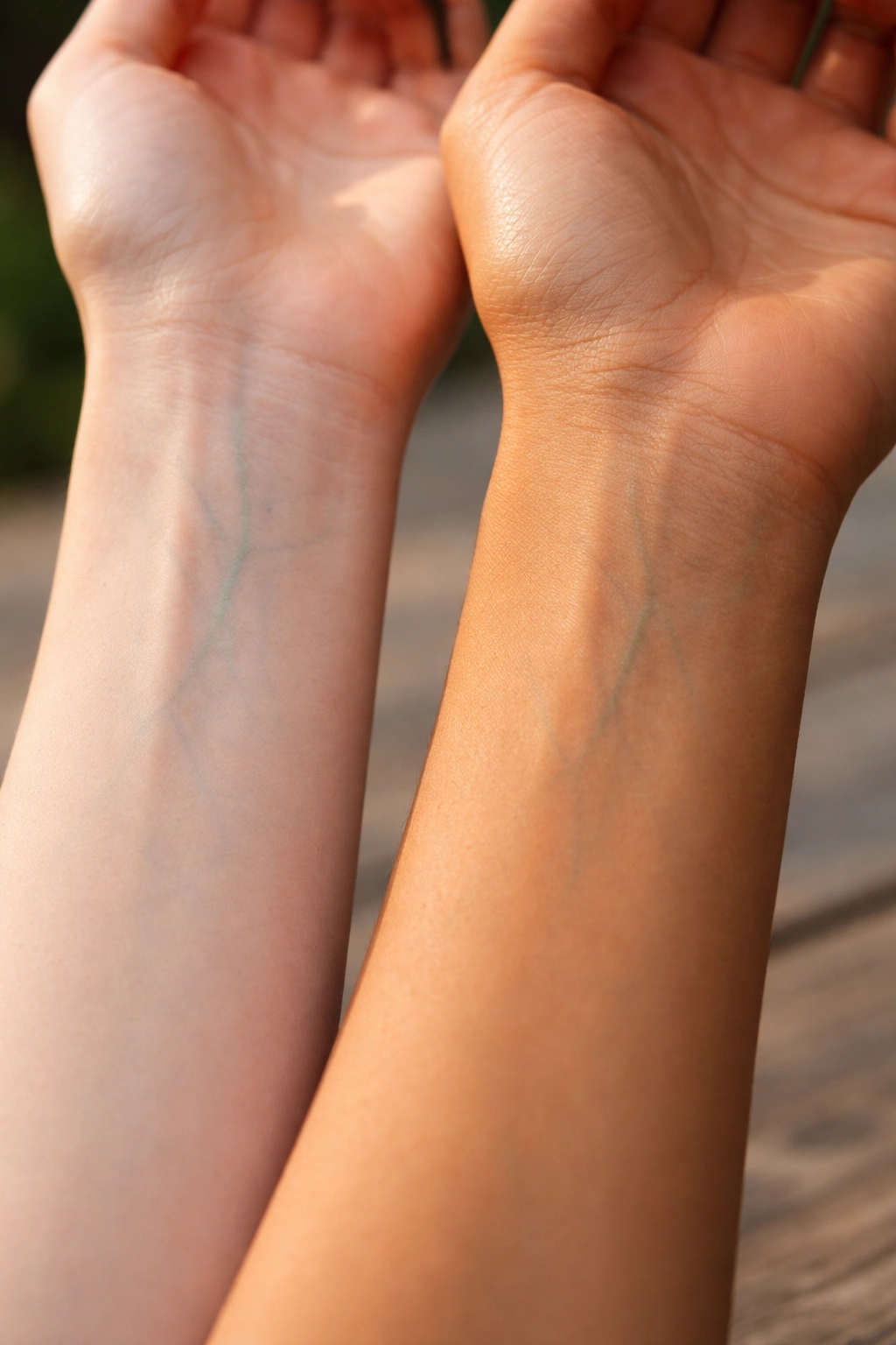 Close-up of inner wrist in daylight showing undertone cues in veins.