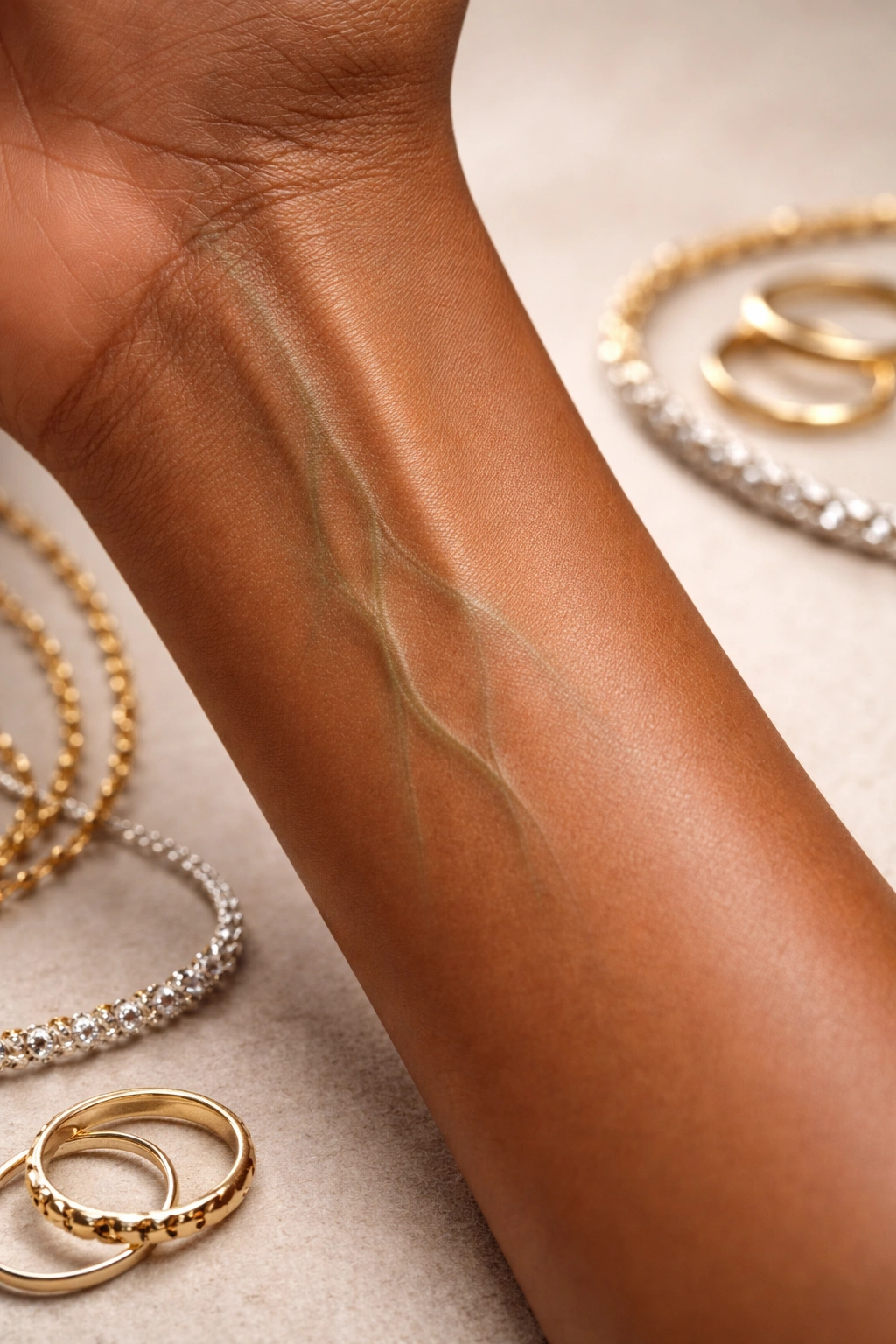 Close-up of forearm veins indicating undertones with gold and silver jewelry