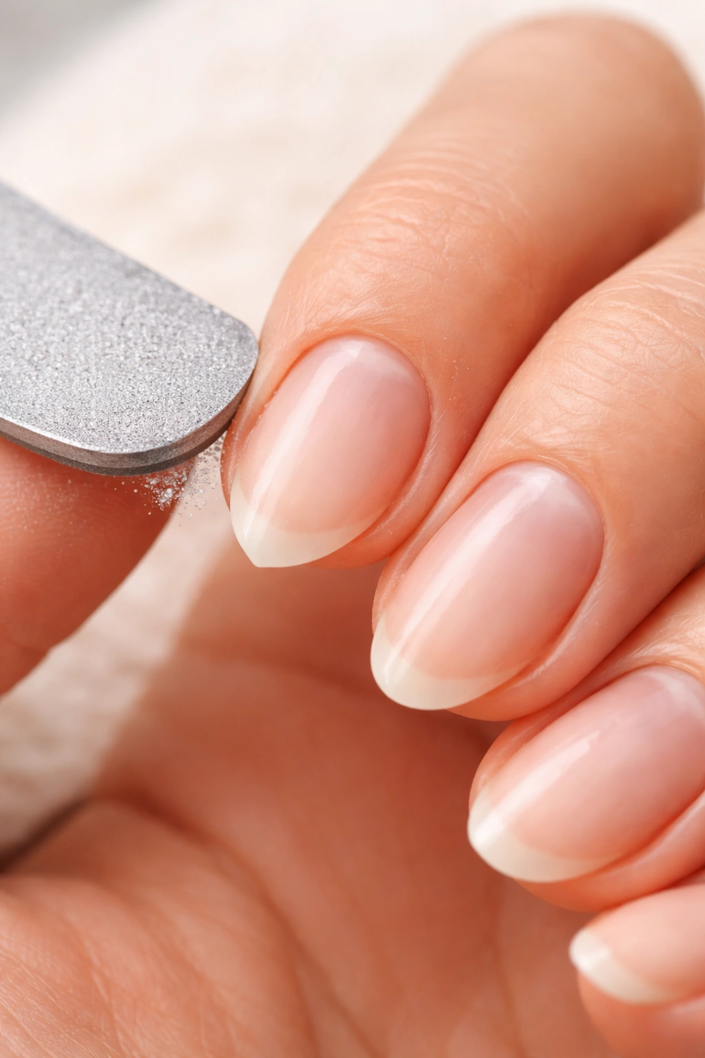Close-up of filing to soften an uneven nail edge