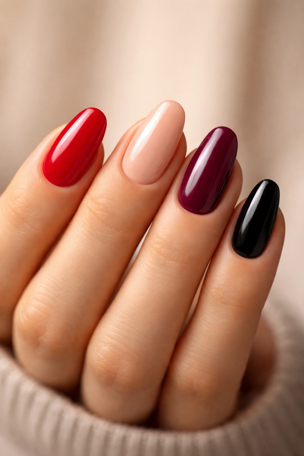 Close-up of a hand showcasing five universally flattering nail colors: red, nude, deep berry, taupe, and black