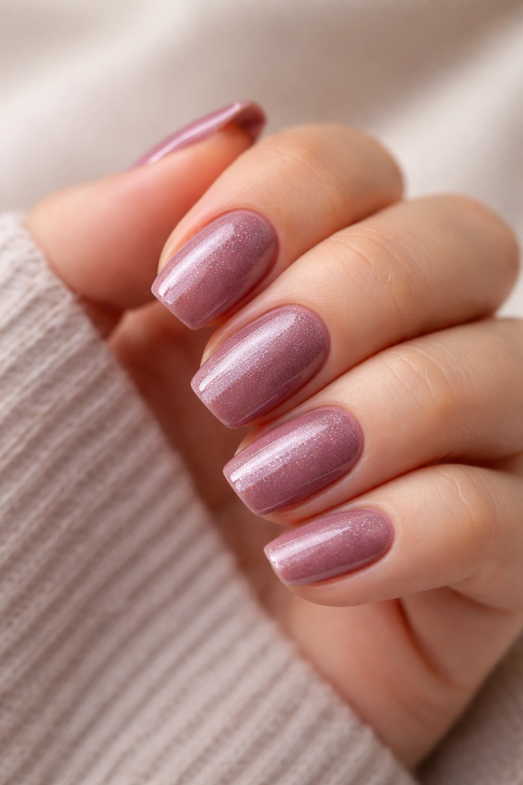 Close-up of UNS short squoval nails in mauve shimmer