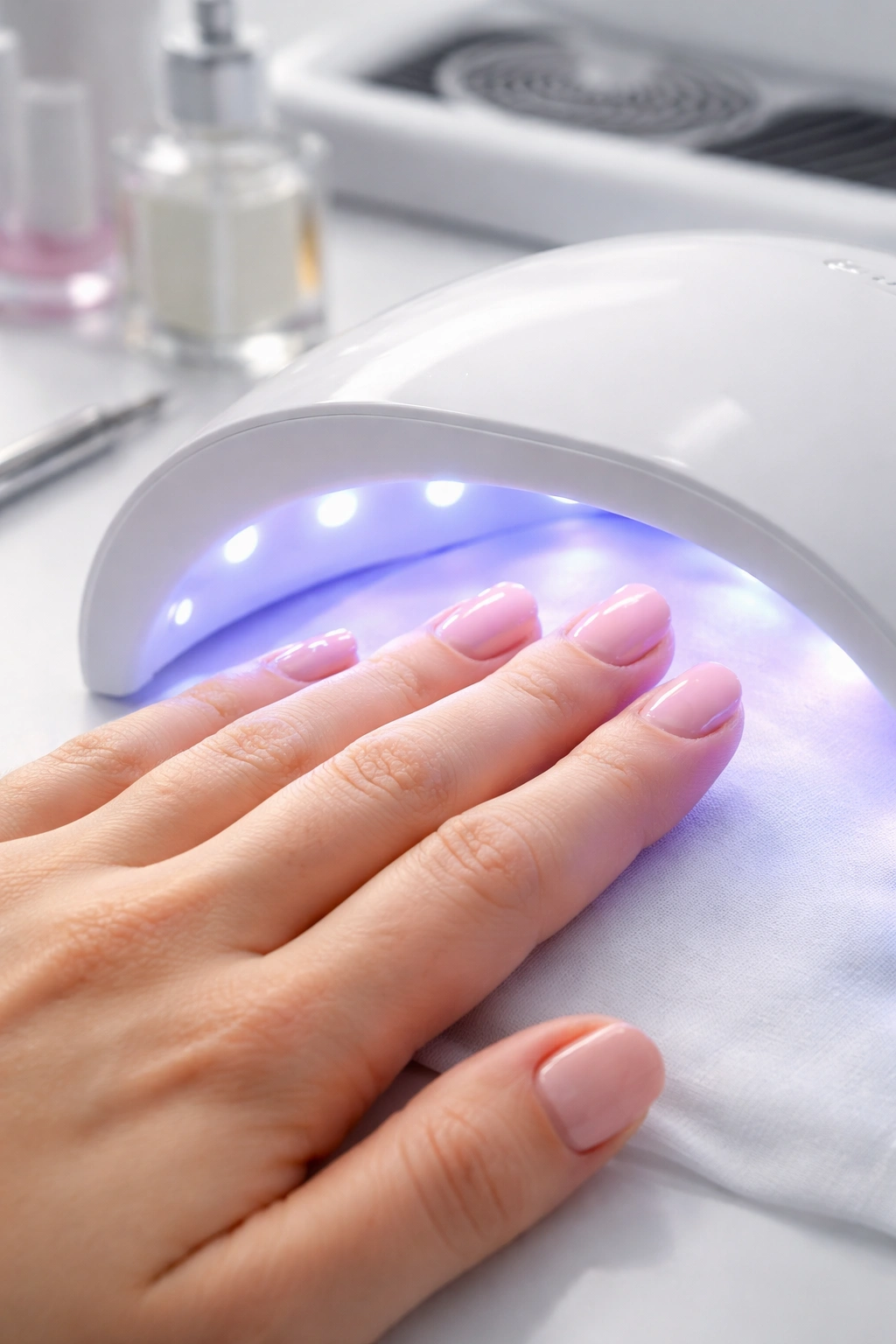 Hand under an LED nail lamp during curing, focusing on nails