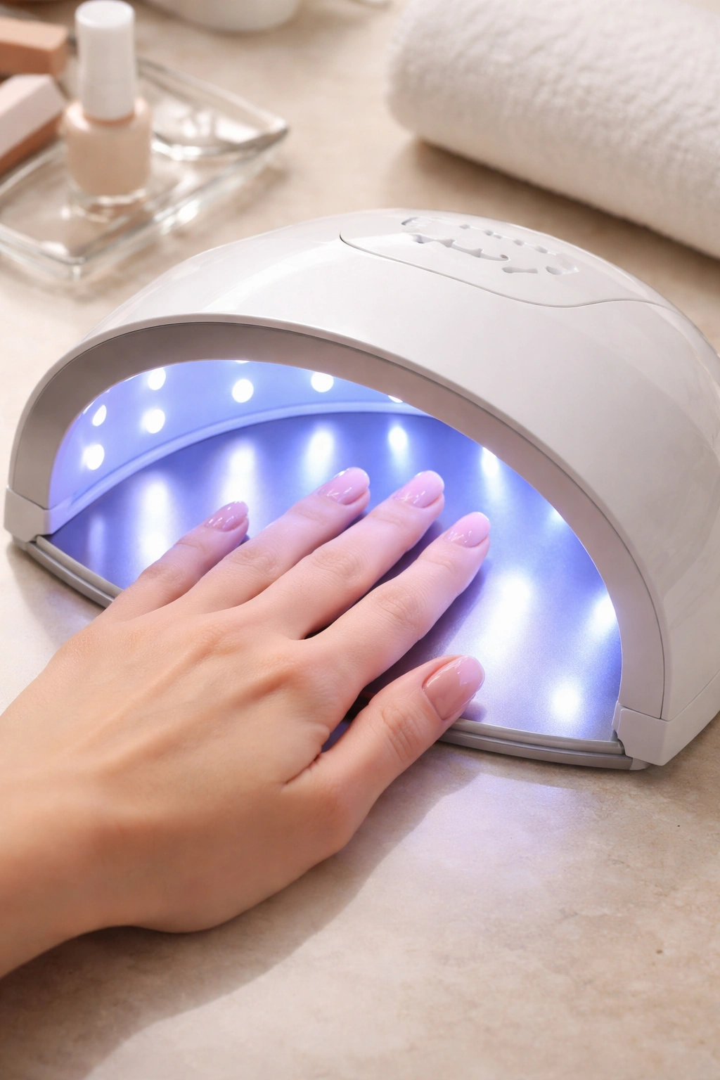 Close up of a hand under a dual UV/LED nail lamp curing light in a clean manicure station.