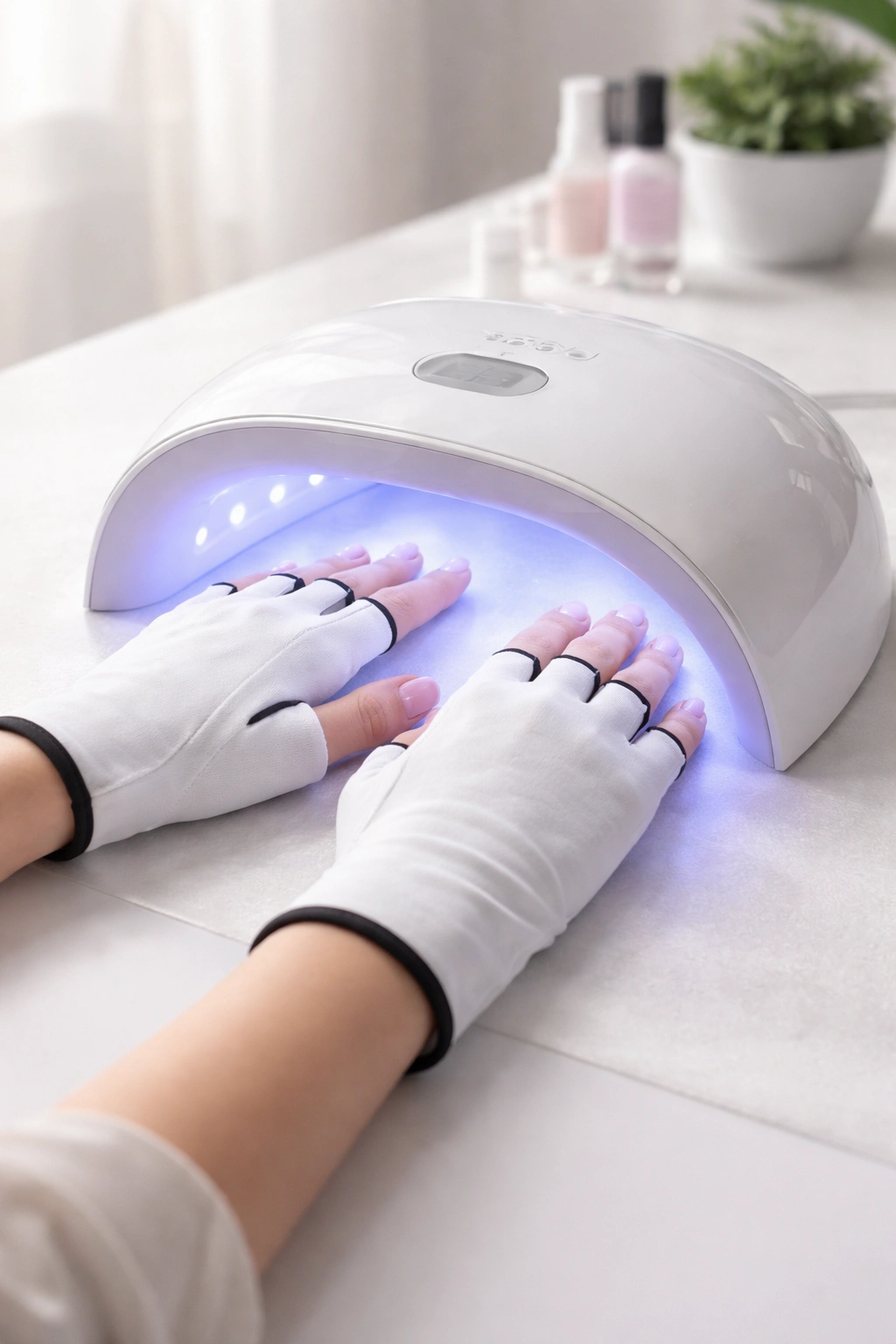 Hand with UV-protective gloves under a nail lamp during curing