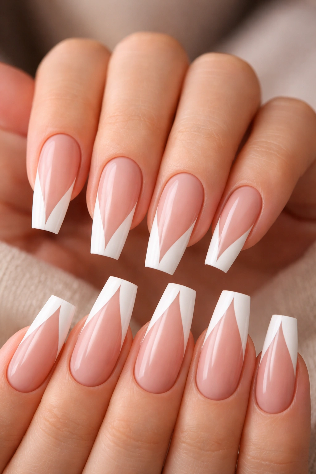Ten ballerina nails with narrow V-cut French tips on nude base