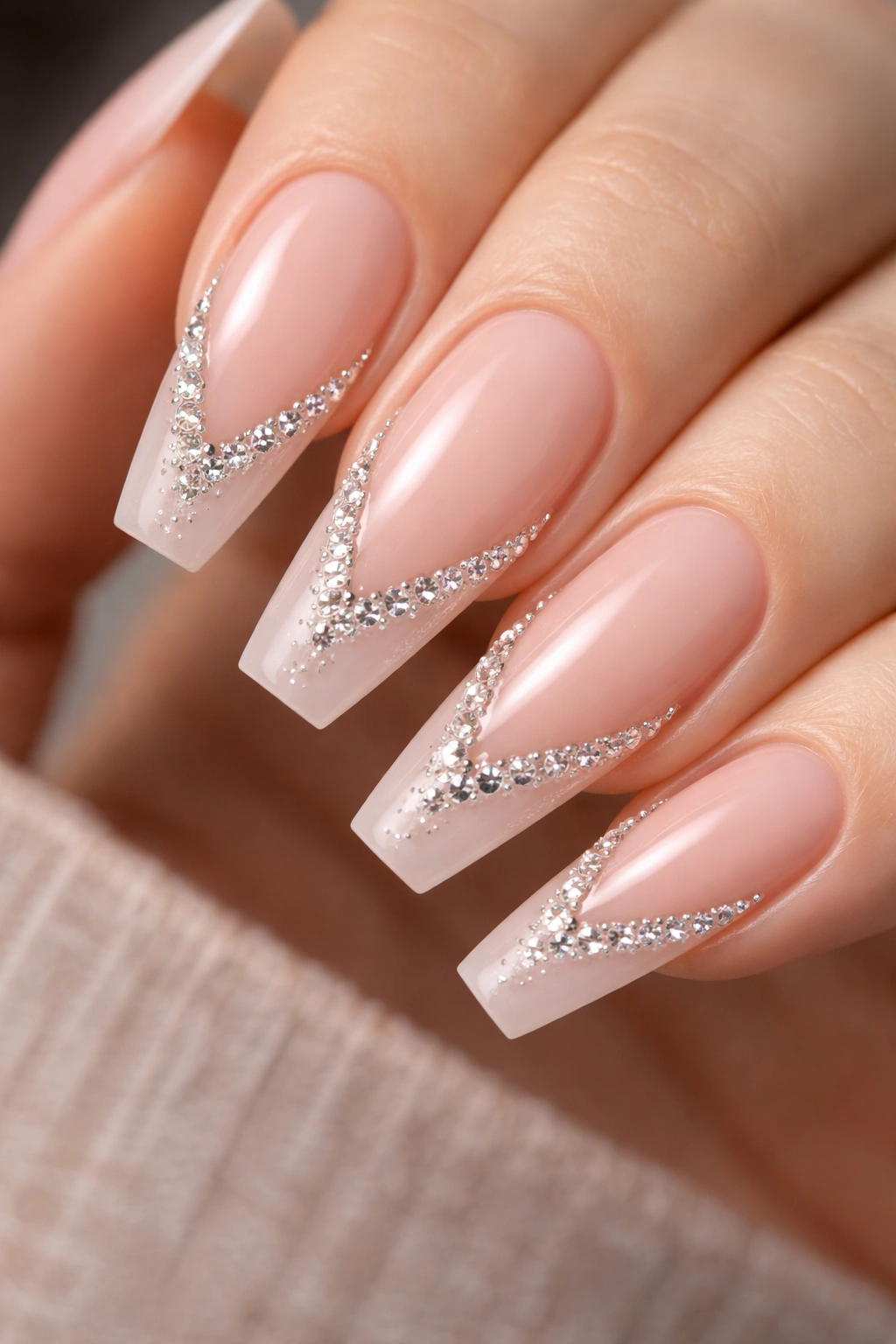 Nails with V-cut line and tiny gems