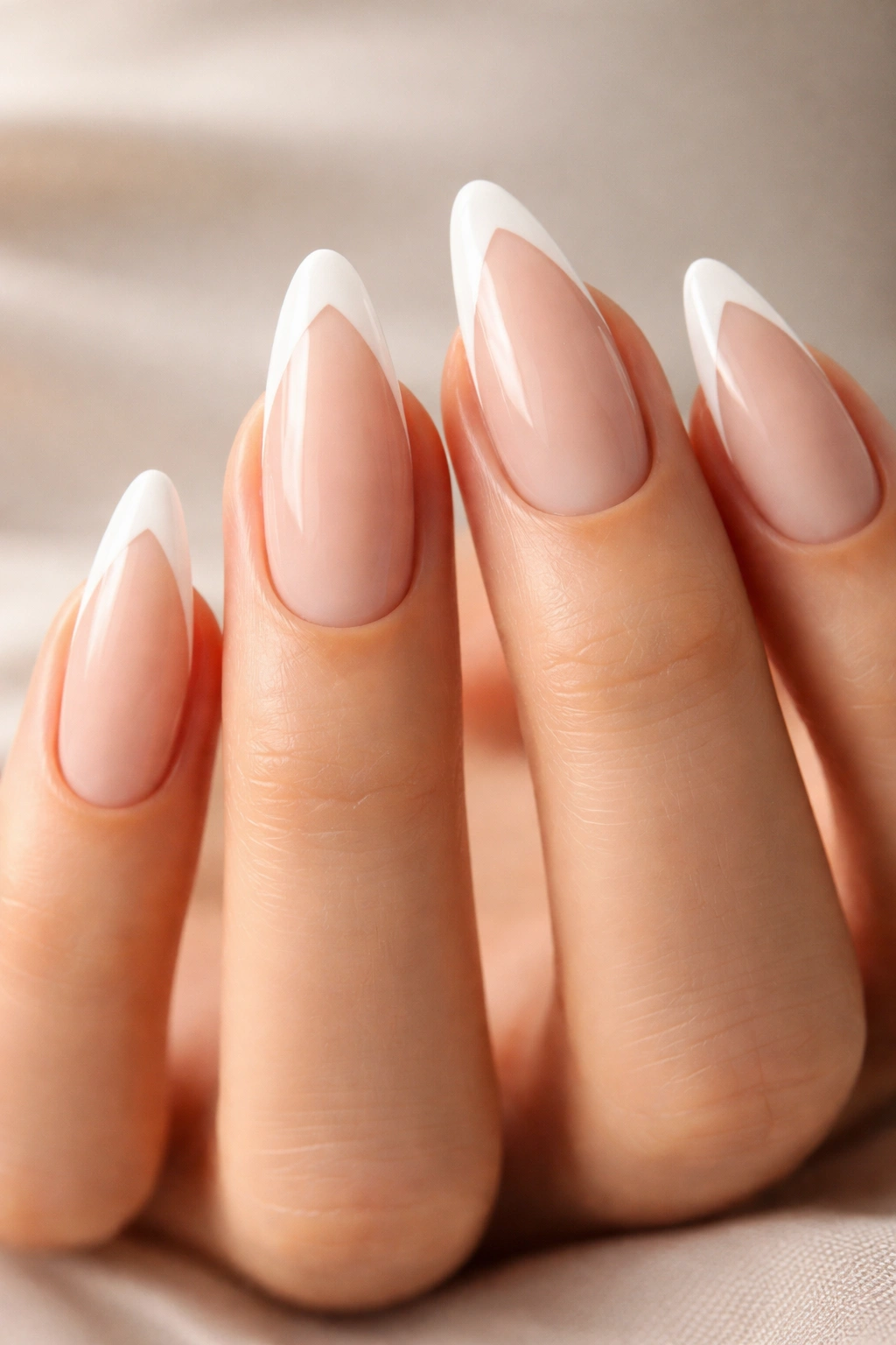 Almond nails with a sharp V-tip and sheer nude base