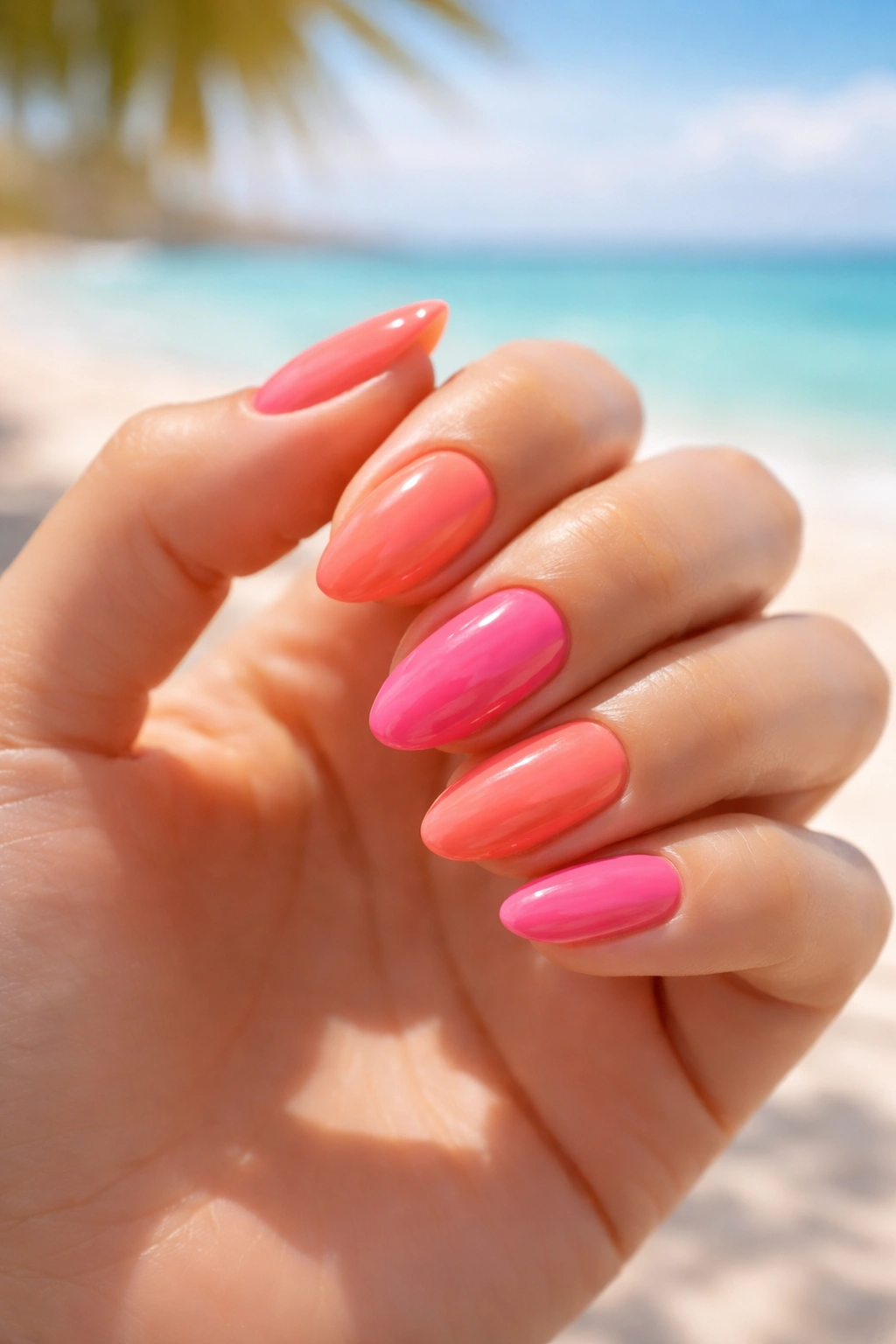 Close-up of hands with vibrant vacation nails in coral and pink against a soft beach gradient